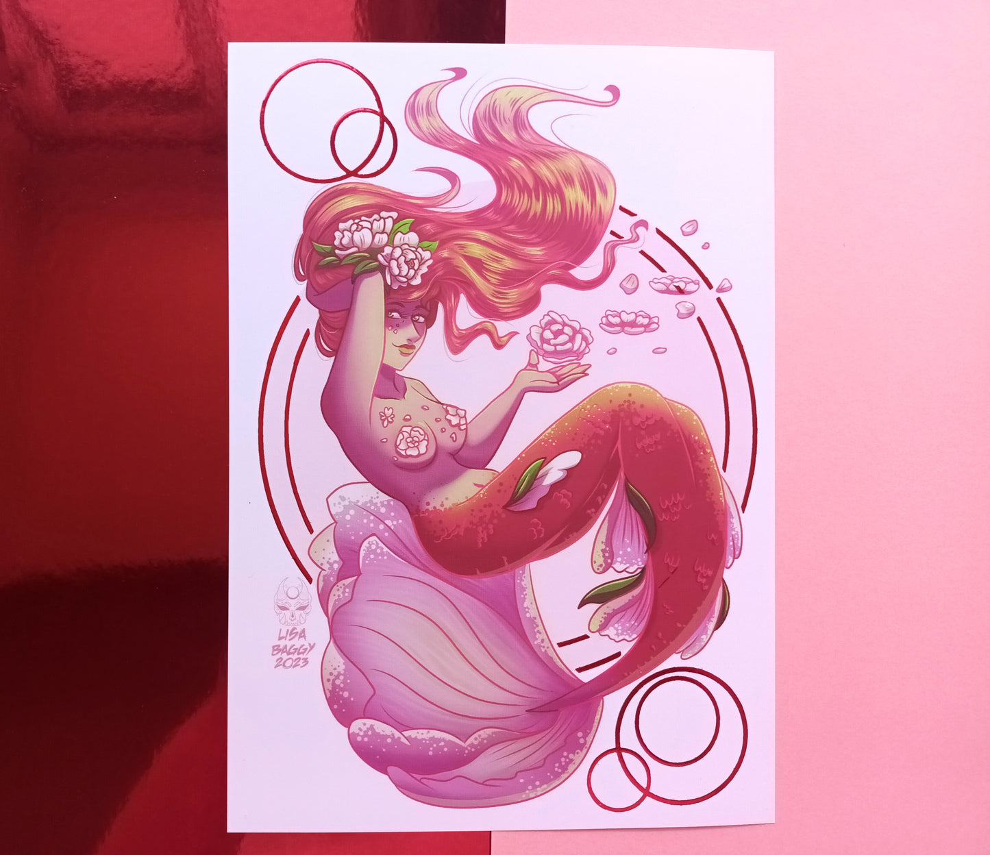 Fantasy Peony Mermaid Foil Art Prints A5
