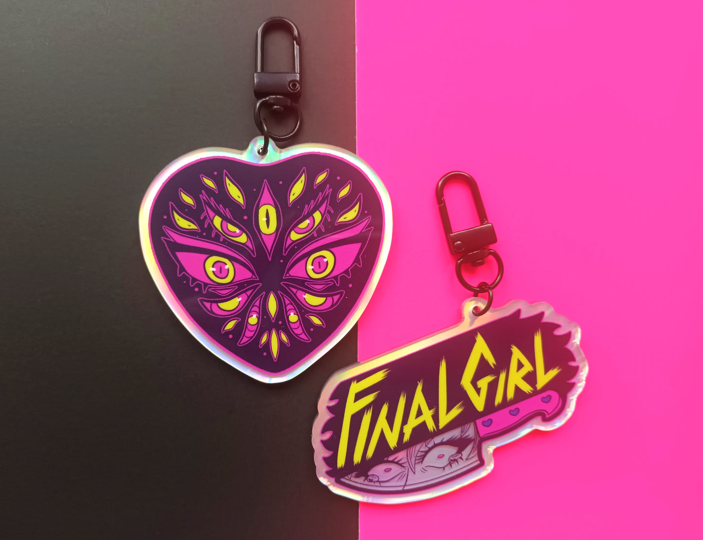 2.5 inch Holographic Final Girl / Heart Eyes Double Sided Acrylic Charms