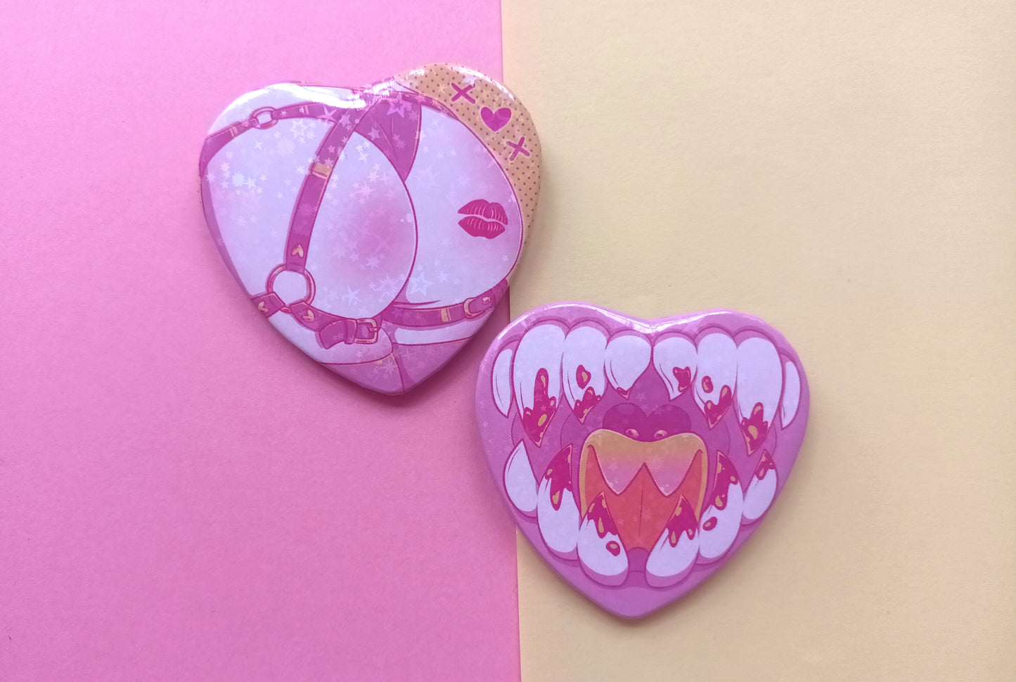 Large Heart Badges Pink and Yellow Teeth and Butt Holo Stars