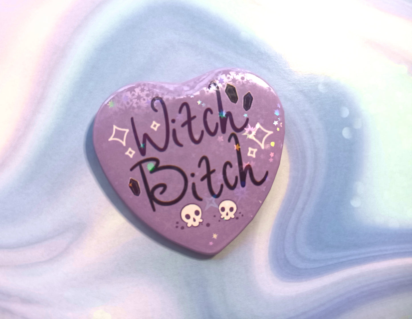 Purple Witch Bitch Large Heart Badge with Holo Finish