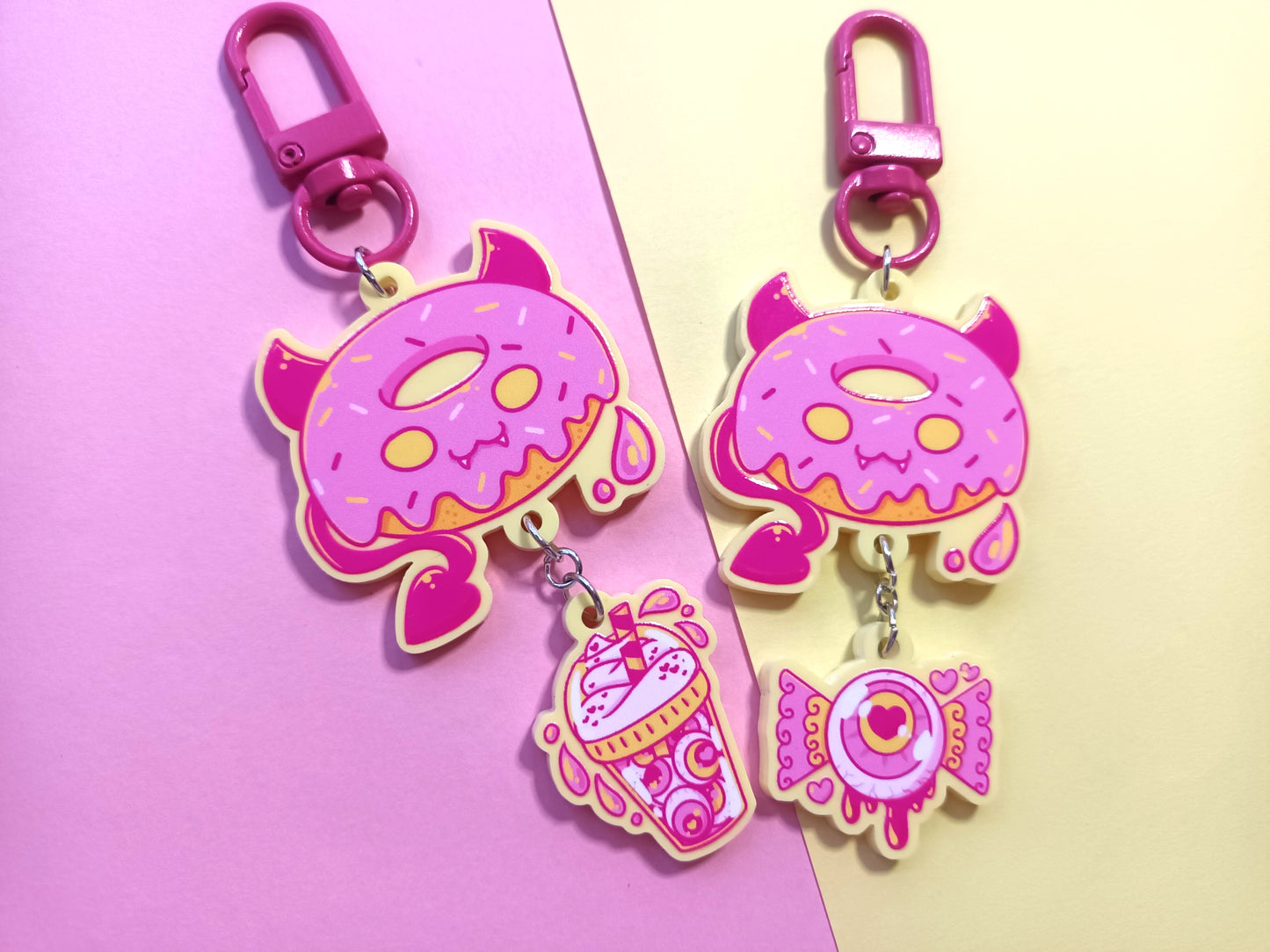 Pastel Monster Snack Pink Yellow Single Sided Acrylic Dangle Charms