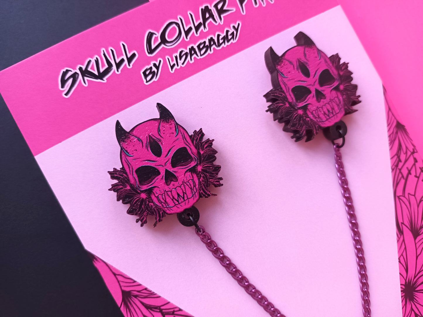 Skull Flower Pink Collar Pins with drop jewel