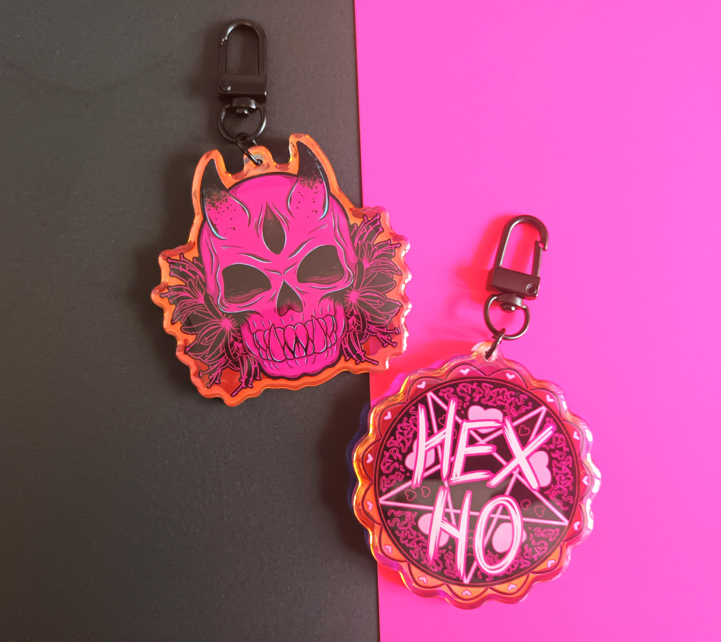 2.5 inch Rainbow Pink Skull / Hex Ho Double Sided Acrylic Charms