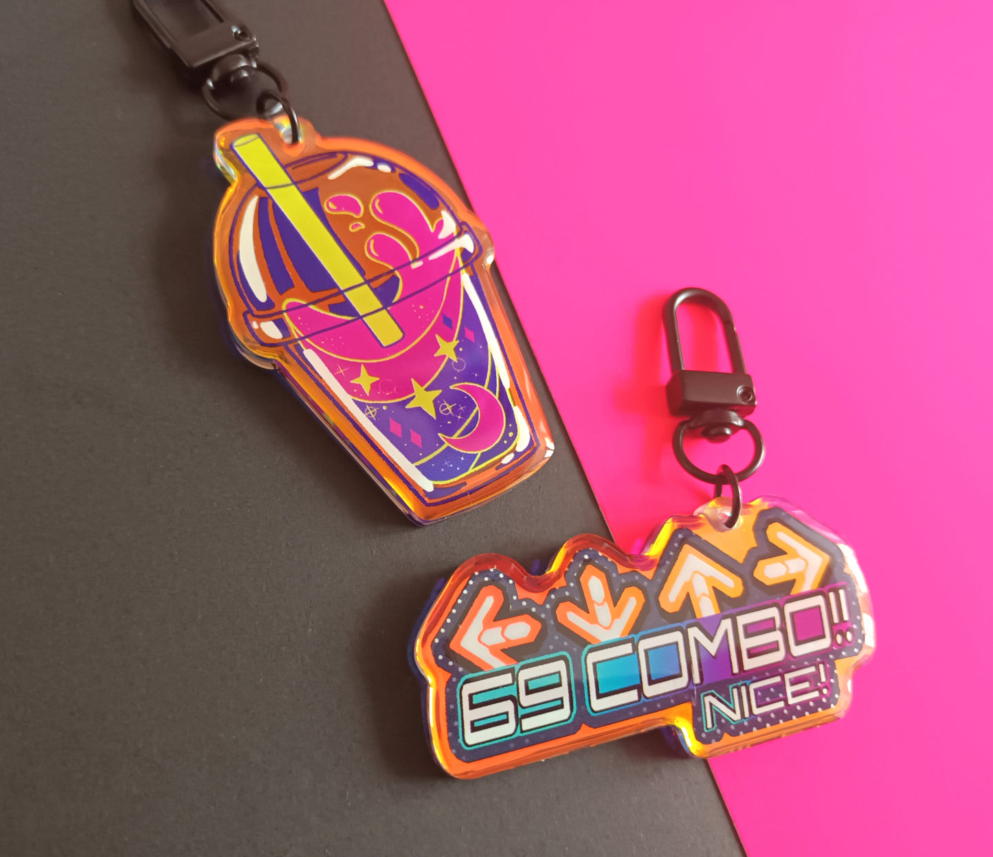 2.5 inch Rainbow Galaxy Juice / 69 Combo Double Sided Acrylic Charms