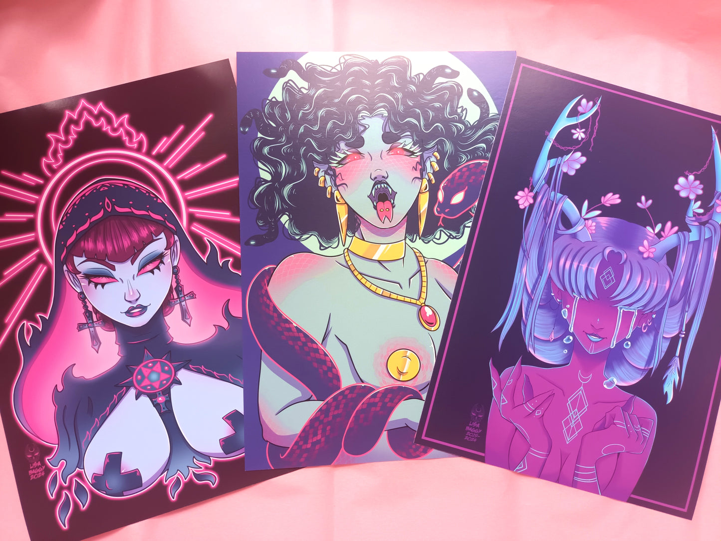 Pinup Demon Nun Neon Oracle and Gorgon Witch Art Prints A5