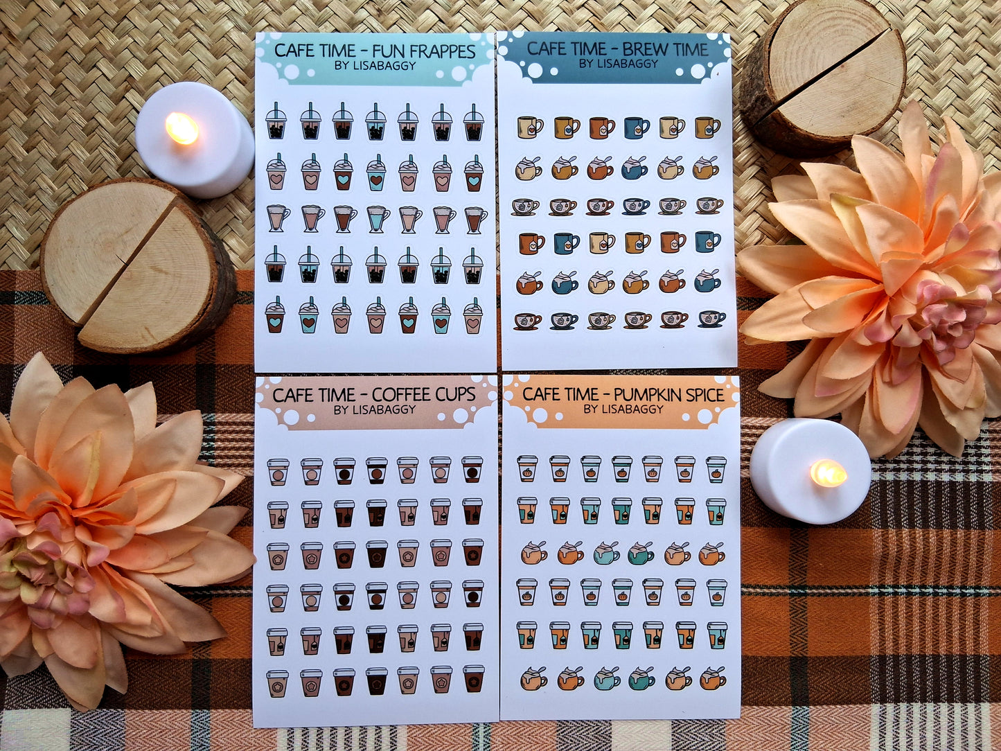 Cafe Coffee Tea Frappes Mini Matte Vinyl Journal Sticker Sheets