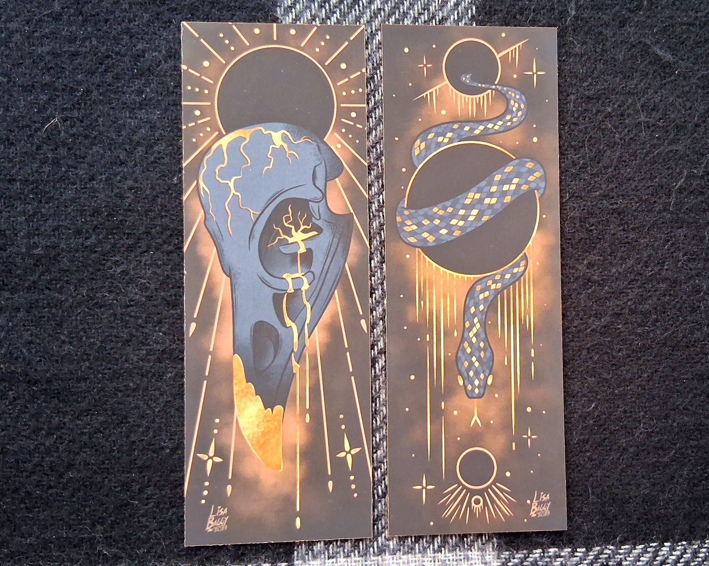 Cosmic Snake and Raven Skull Gold Foil Bookmarks with Gold edge