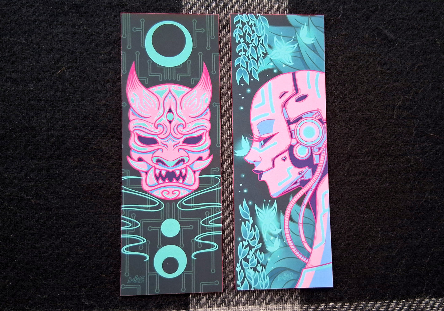 Cyborg and Oni Mask Neon Teal Foil Bookmarks with Hot Pink Edge
