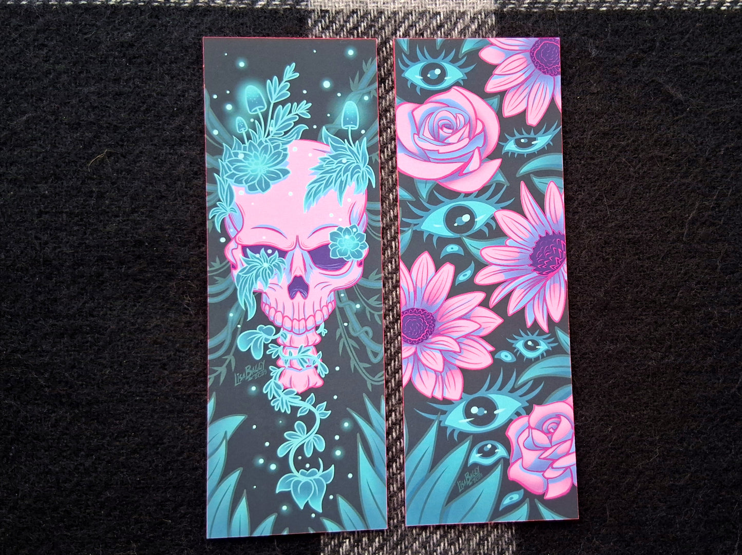 Skull & Eyes Neon Teal Foil Bookmarks with Hot Pink Edge