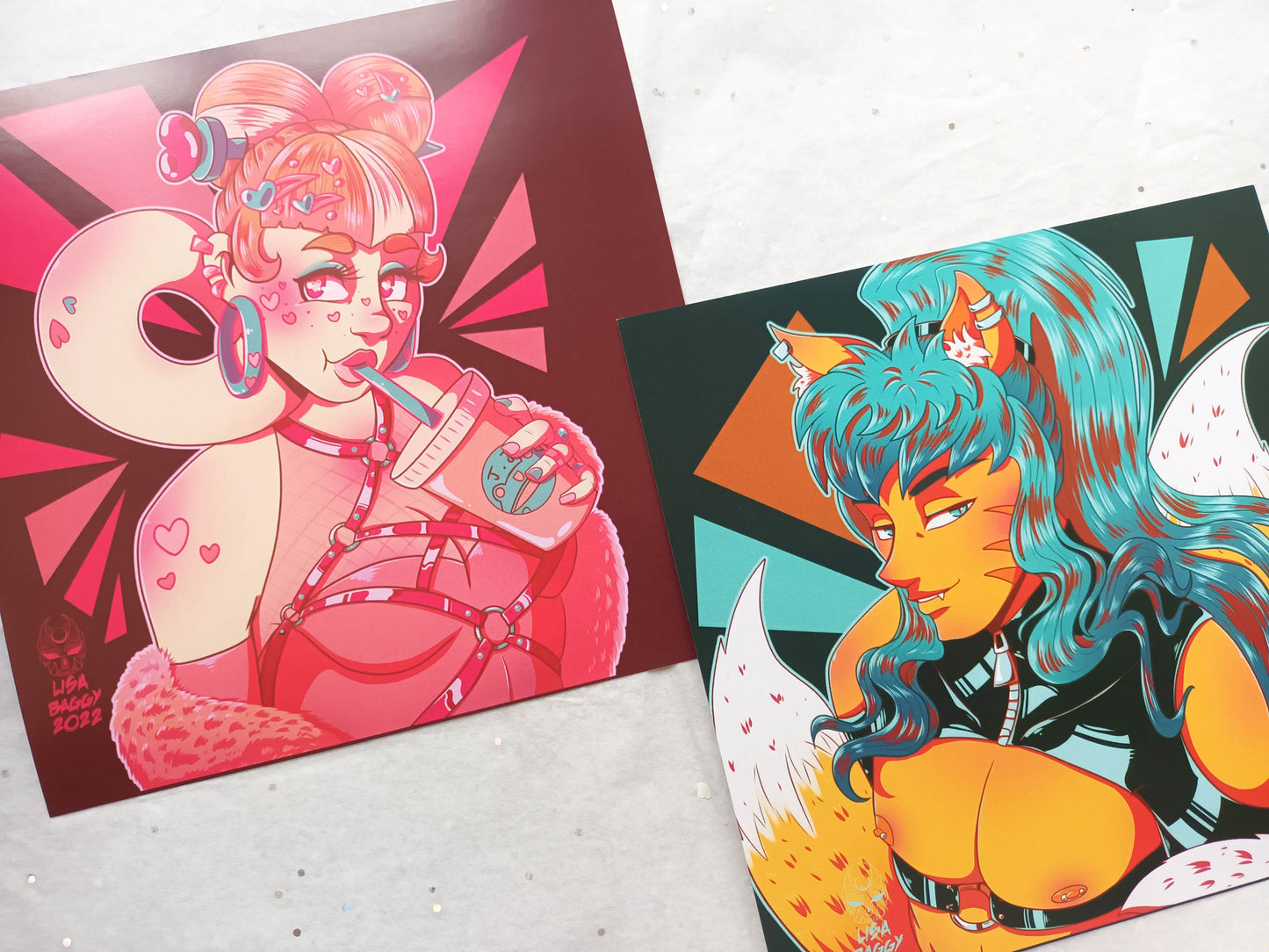 Square Art Prints Oh! Hi Yokai! Neon Momo and Kin