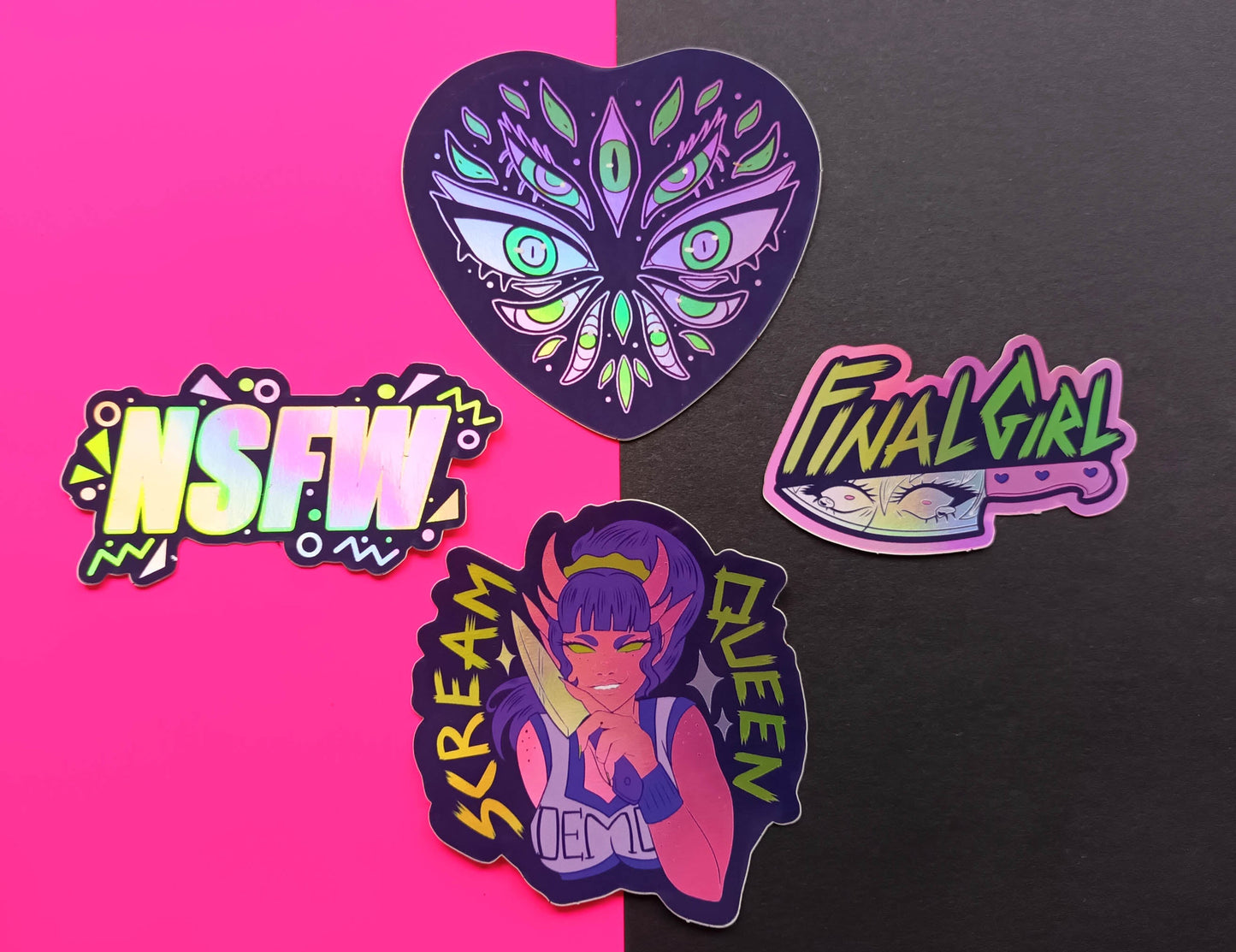 UV PINK Holographic Vinyl 80s Horror Arcade Decorative Stickers