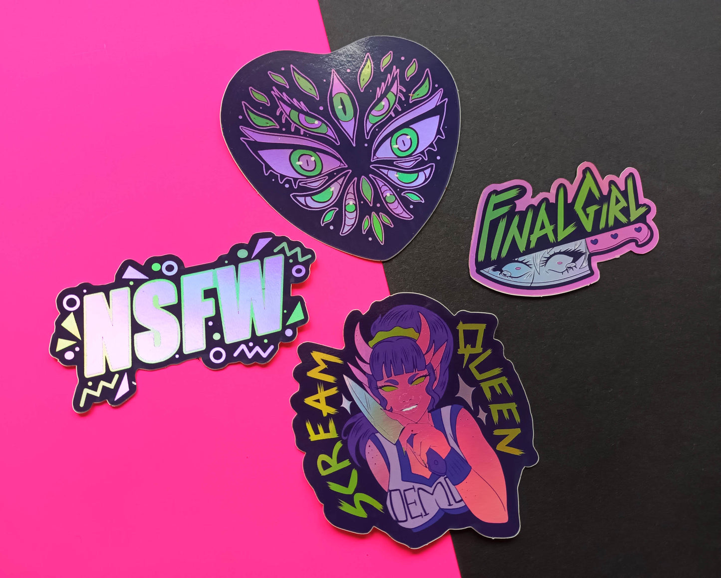 UV PINK Holographic Vinyl 80s Horror Arcade Decorative Stickers