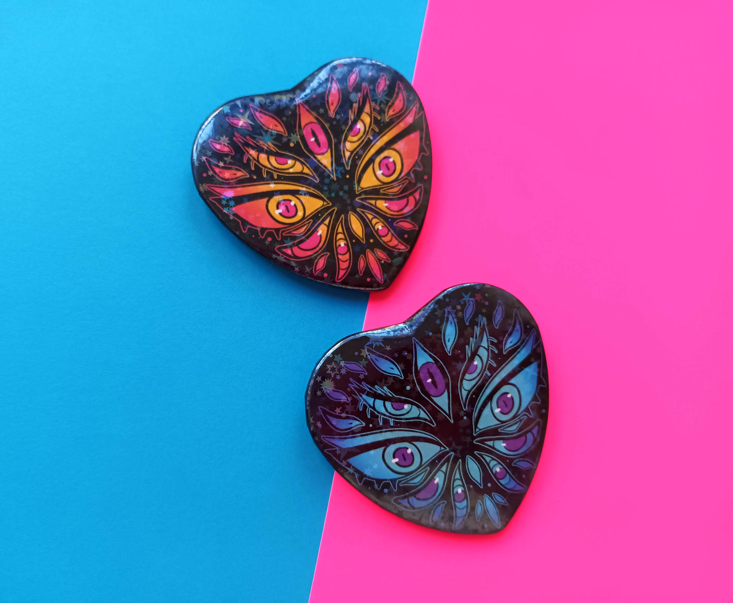 Large Heart Badges Pink and Blue Eyes Holo Stars