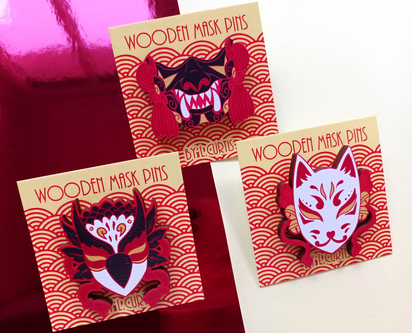 40mm Wooden Yokai Masks Pin Badges