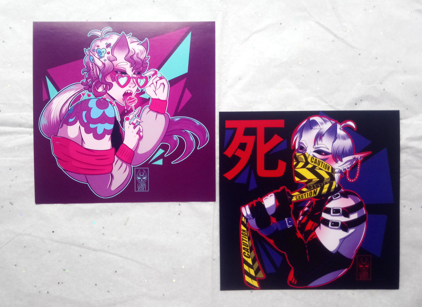 Square Art Prints Oh! Hi Yokai! Neon Kiku and Shobu