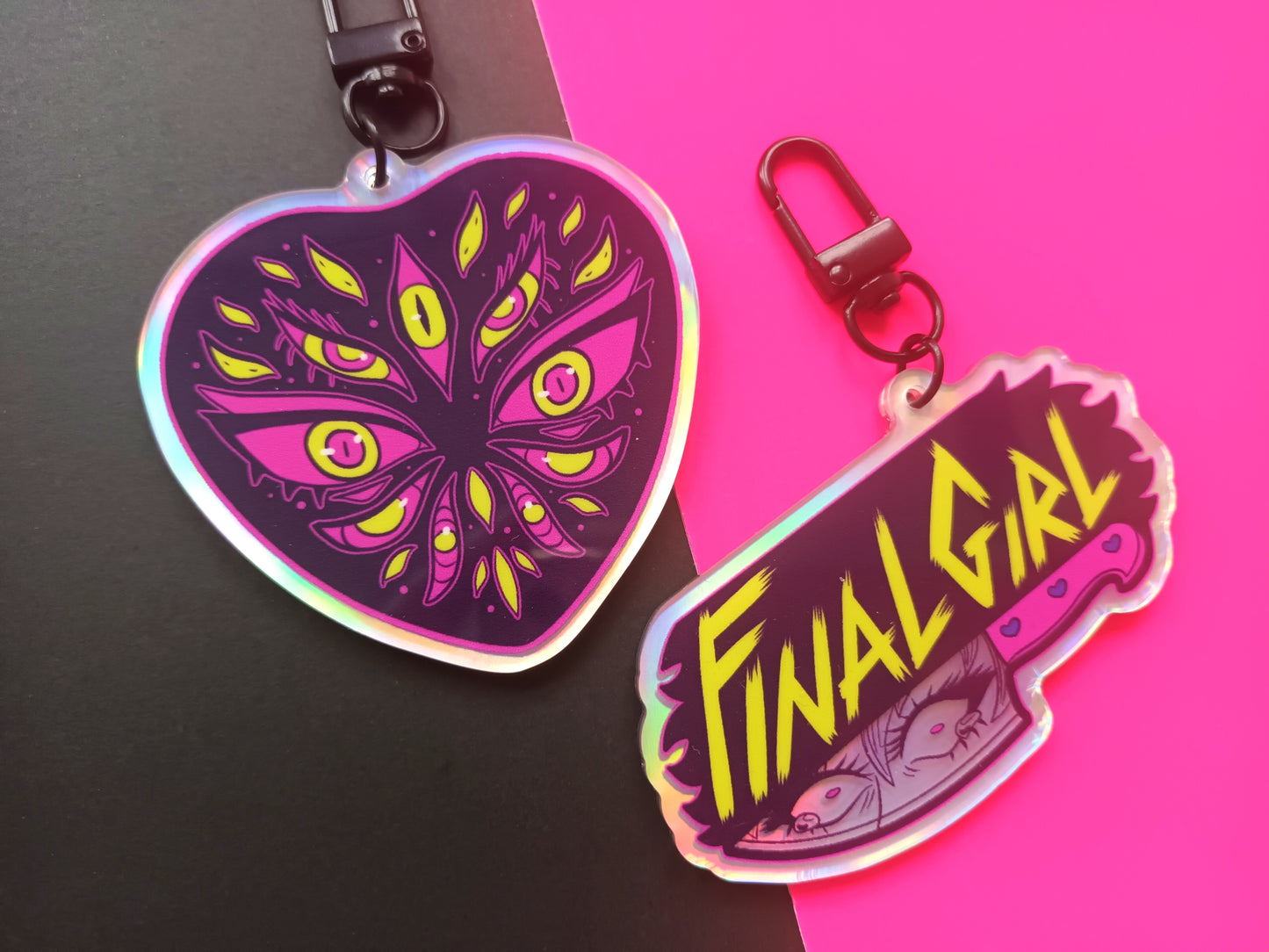 2.5 inch Holographic Final Girl / Heart Eyes Double Sided Acrylic Charms