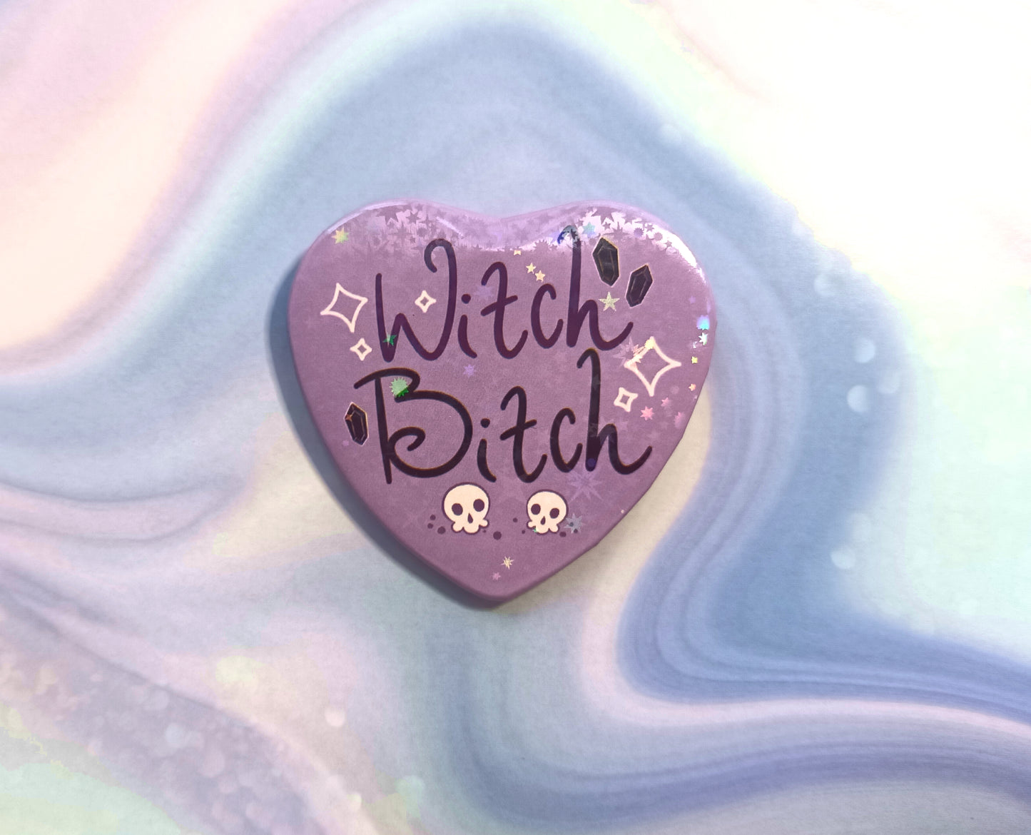 Large Heart Badges Purple Witch Bitch Holo Stars
