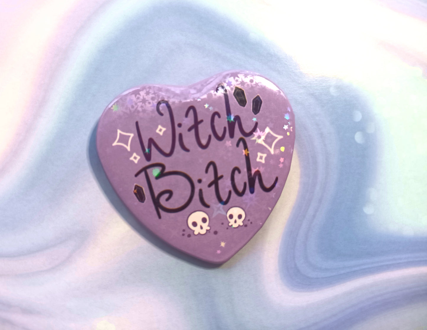 Large Heart Badges Purple Witch Bitch Holo Stars