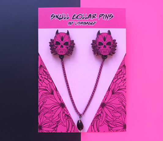 Skull Flower Pink Collar Pins with drop jewel