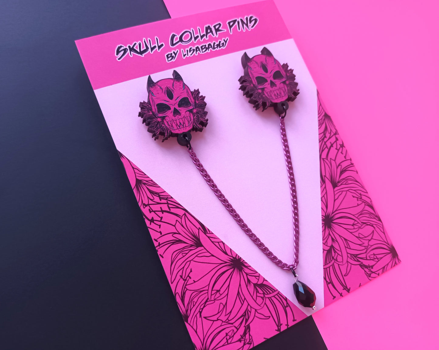 Skull Flower Pink Collar Pins with drop jewel