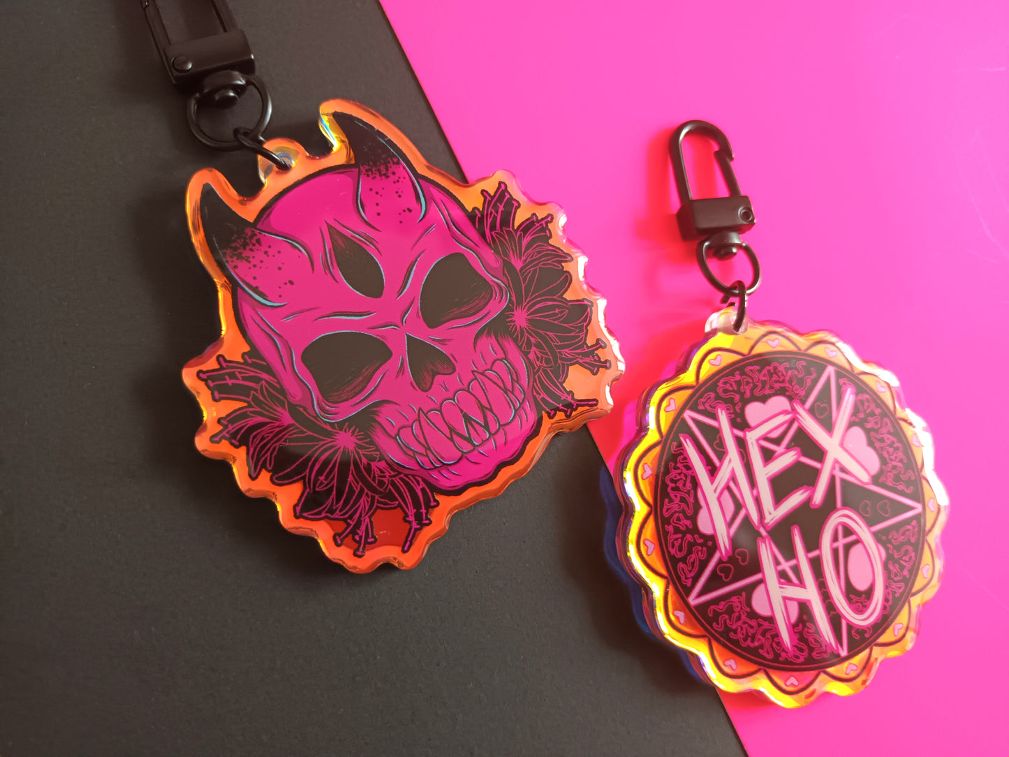 2.5 inch Rainbow Pink Skull / Hex Ho Double Sided Acrylic Charms