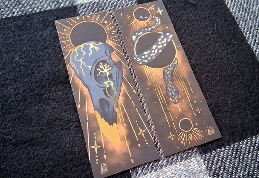 Cosmic Snake and Raven Skull Gold Foil Bookmarks with Gold edge