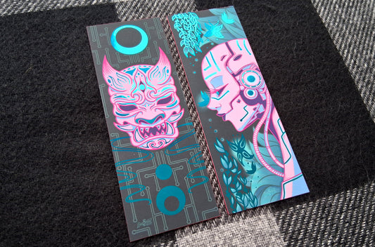 Cyborg and Oni Mask Neon Teal Foil Bookmarks with Hot Pink Edge