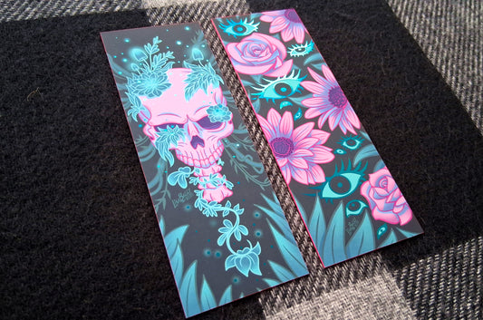 Skull & Eyes Neon Teal Foil Bookmarks with Hot Pink Edge