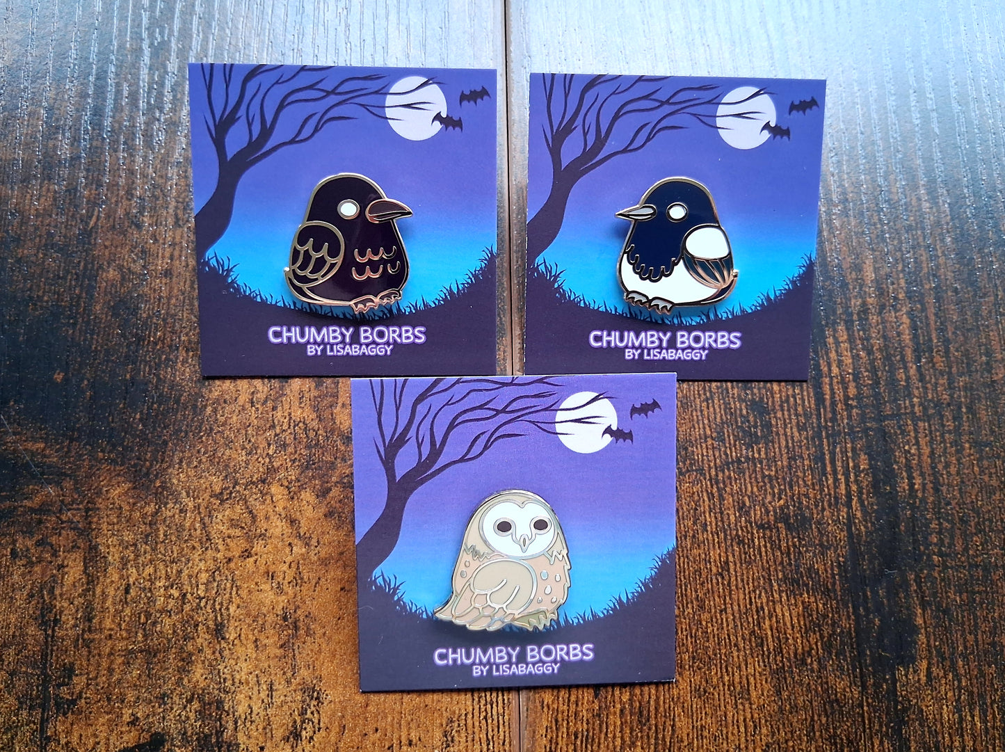 Bird Enamel Pins Magpie Owl Crow 1" inch