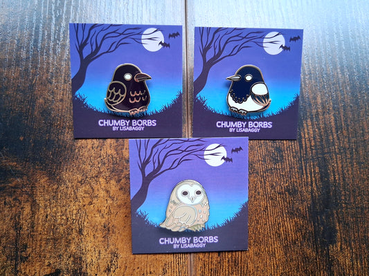 Bird Enamel Pins Magpie Owl Crow 1" inch