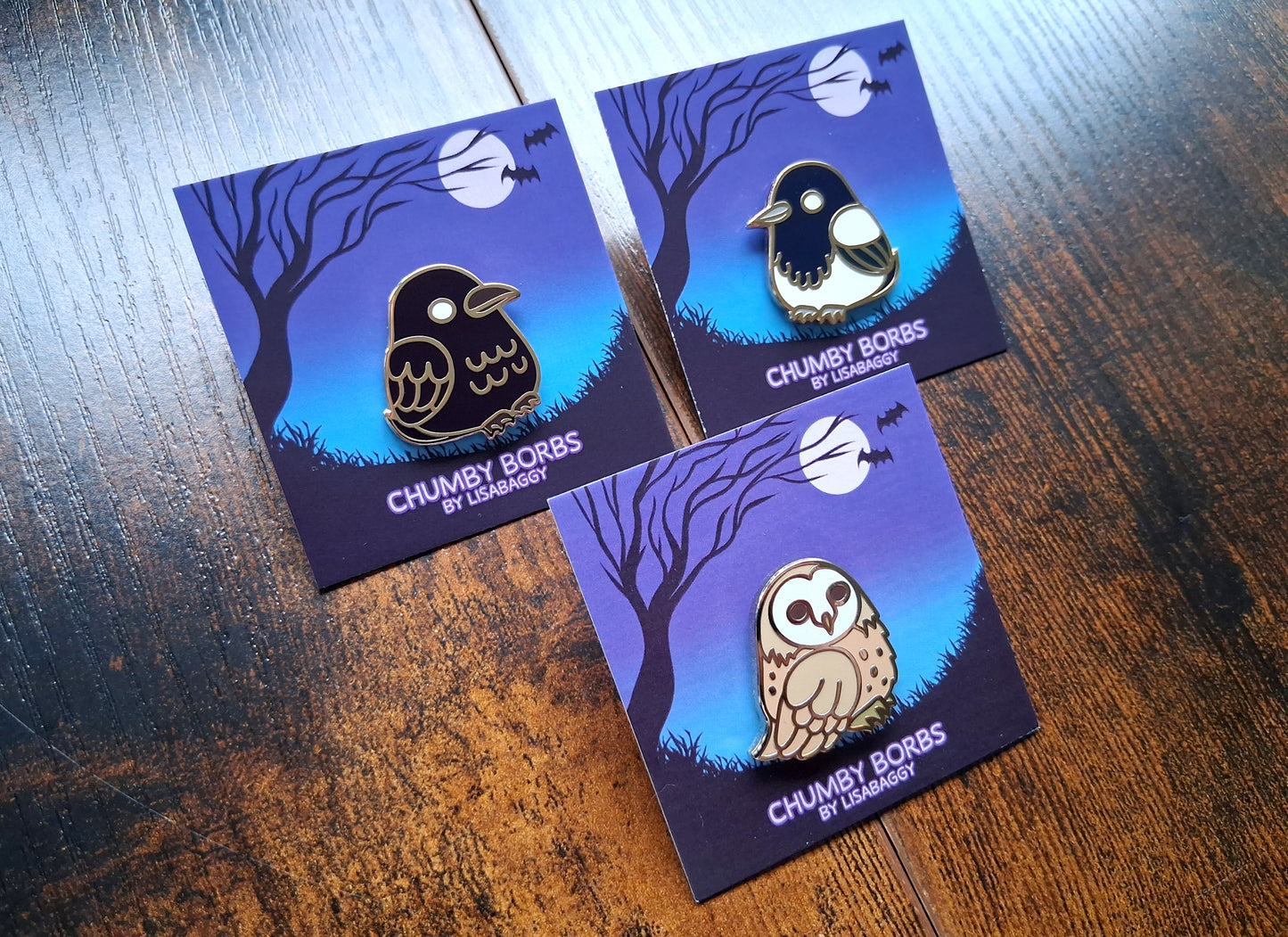 Bird Enamel Pins Magpie Owl Crow 1" inch