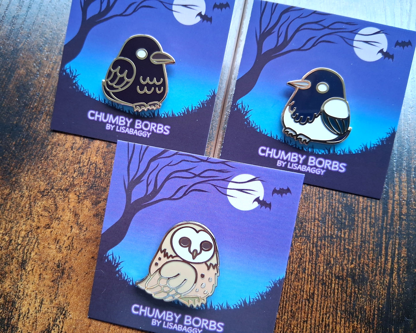 Bird Enamel Pins Magpie Owl Crow 1" inch