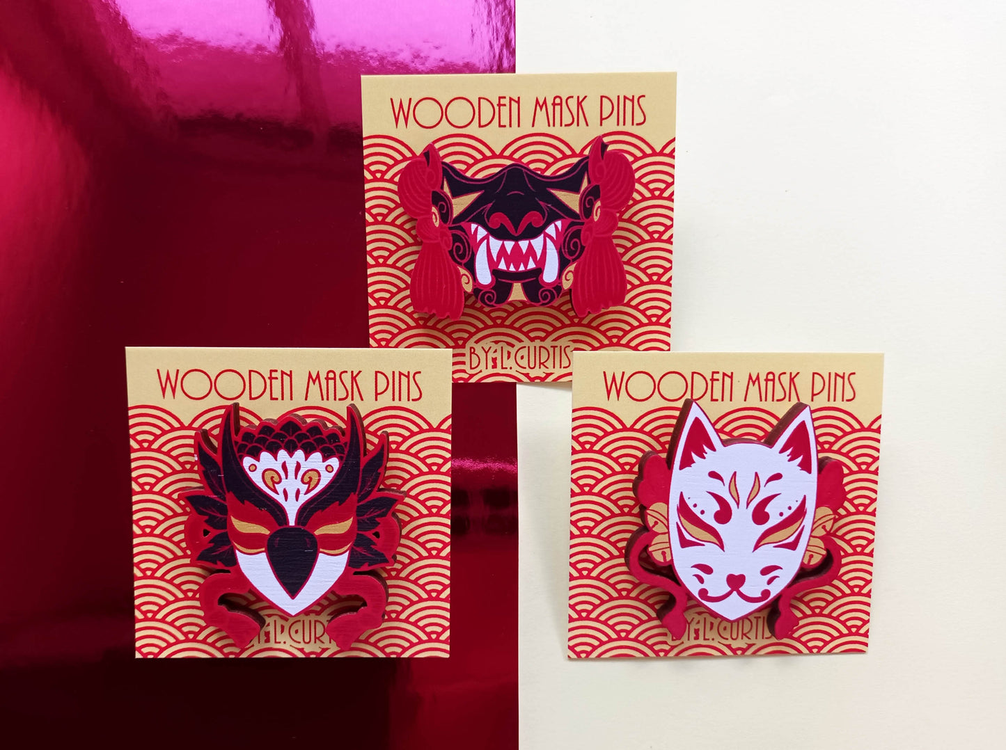 40mm Wooden Yokai Masks Pin Badges