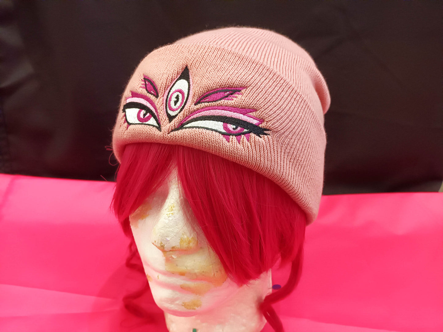 Black Eyes Pastel Pink Beanie || Kawaii Accessories Hat