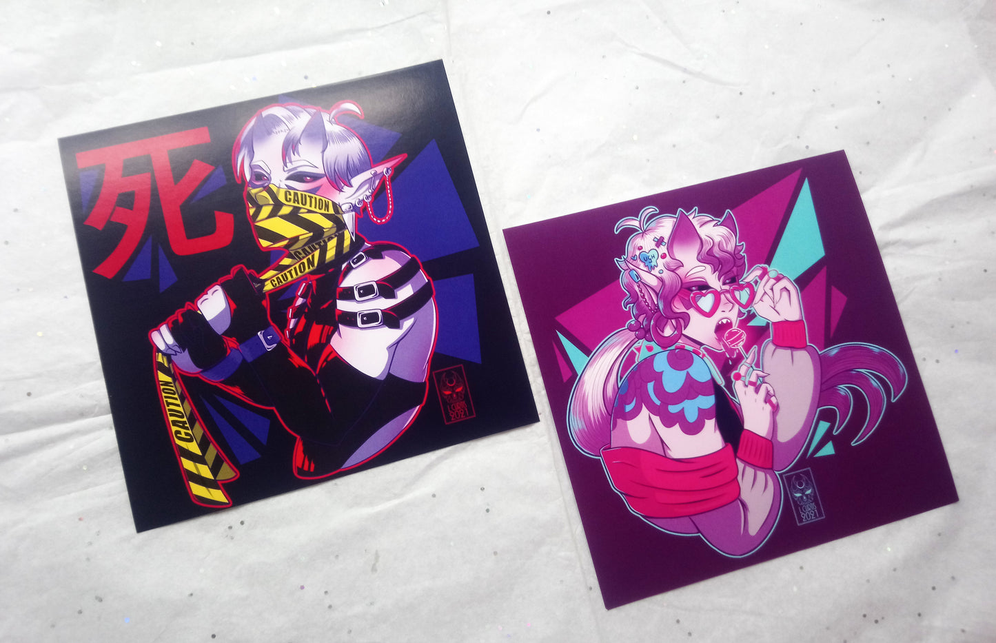 Square Art Prints Oh! Hi Yokai! Neon Kiku and Shobu