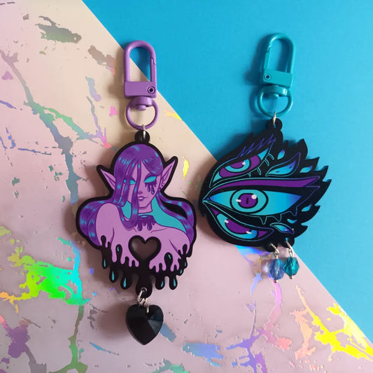 Black, Blue and Purple Eyes and Heart Demon Single Sided Acrylic Charms