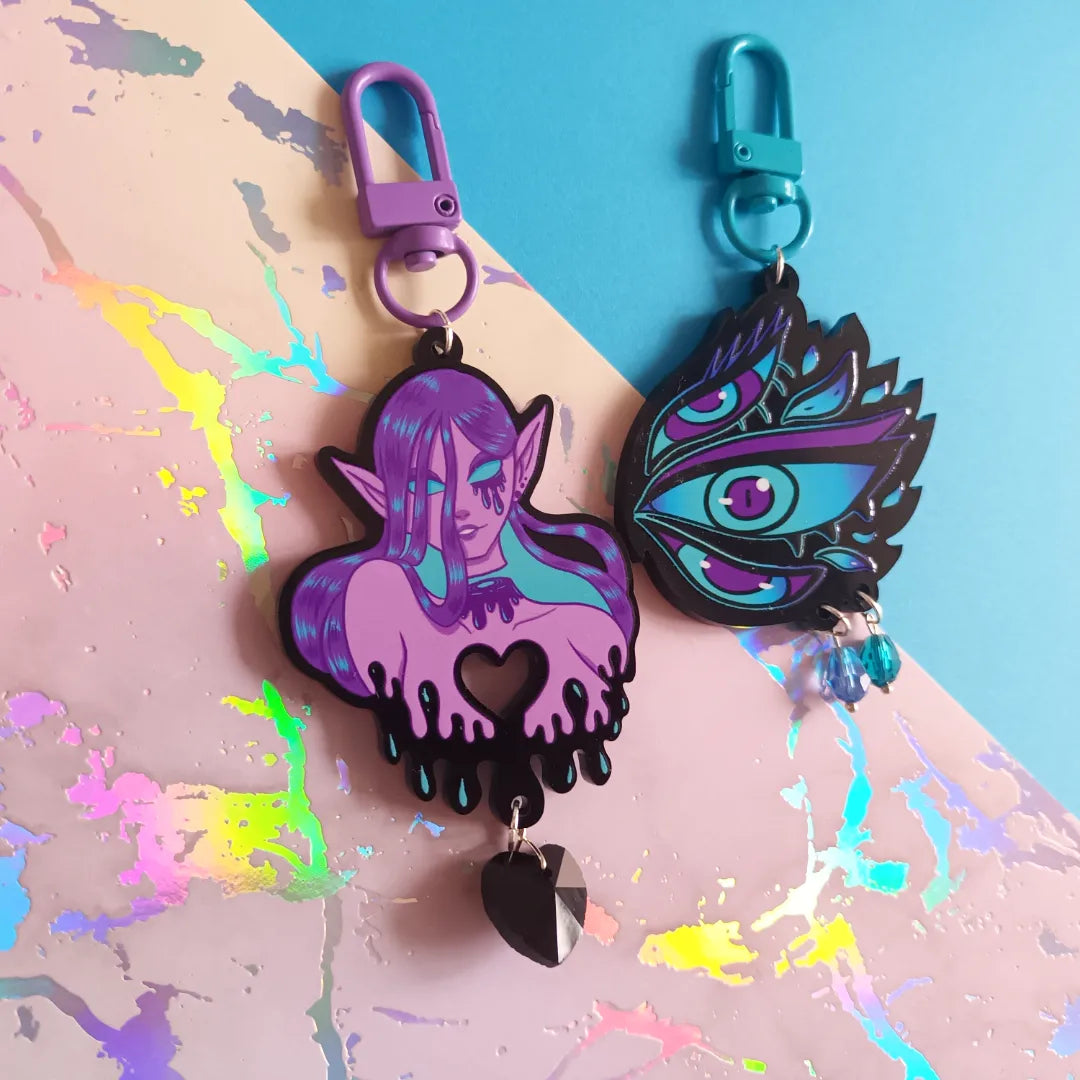Black, Blue and Purple Eyes and Heart Demon Single Sided Acrylic Charms